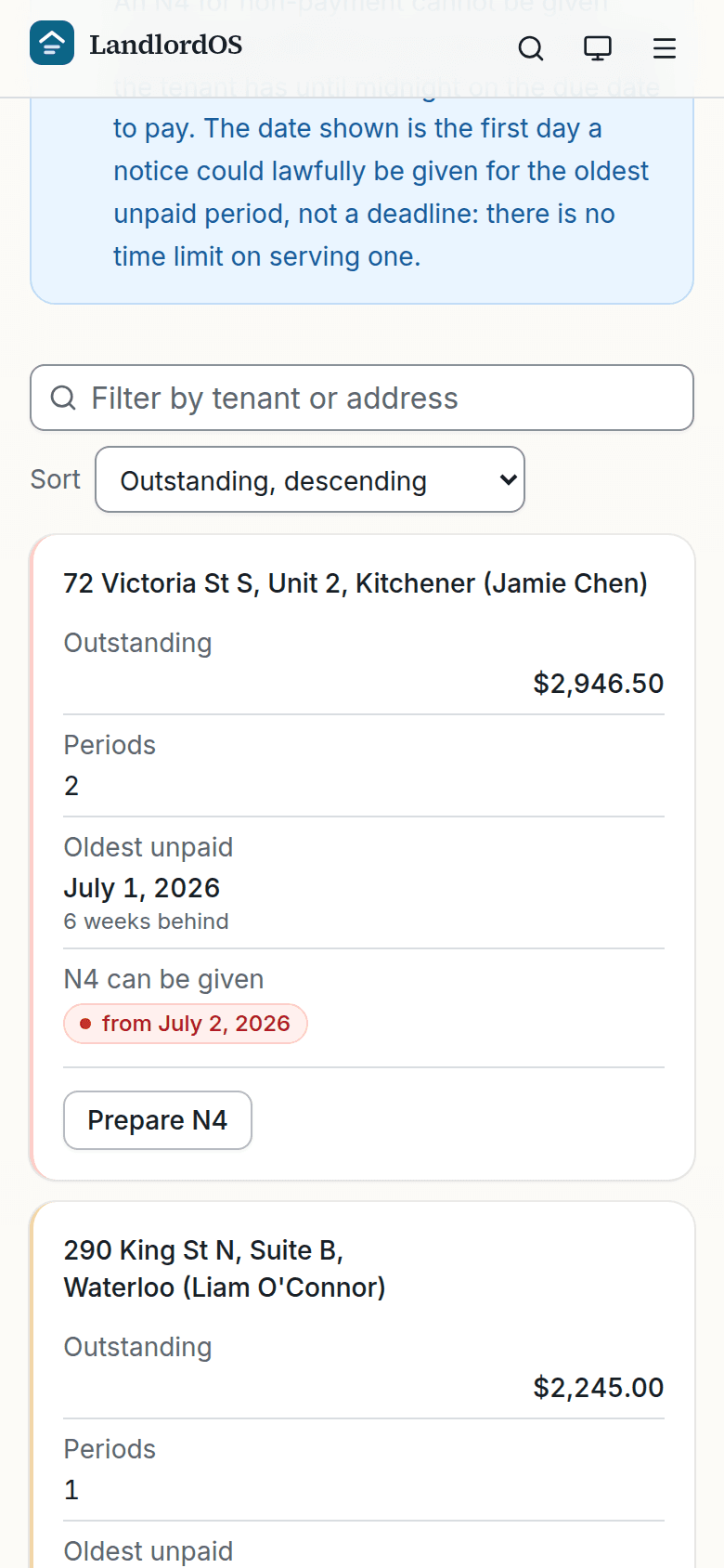 The Rent arrears page showing $7,546.42 outstanding across five of eight tenancies, the longest six weeks overdue. A panel headed Some of this may not be arrears explains that one tenancy is owed deposit interest that fell due and was not paid, so under RTA s. 106 (9) up to $29.92 of what is shown as outstanding may be a lawful deduction rather than arrears. Another tenancy owes $85.00 that is not rent, and its row reads: Rent is all paid, so no N4 applies.